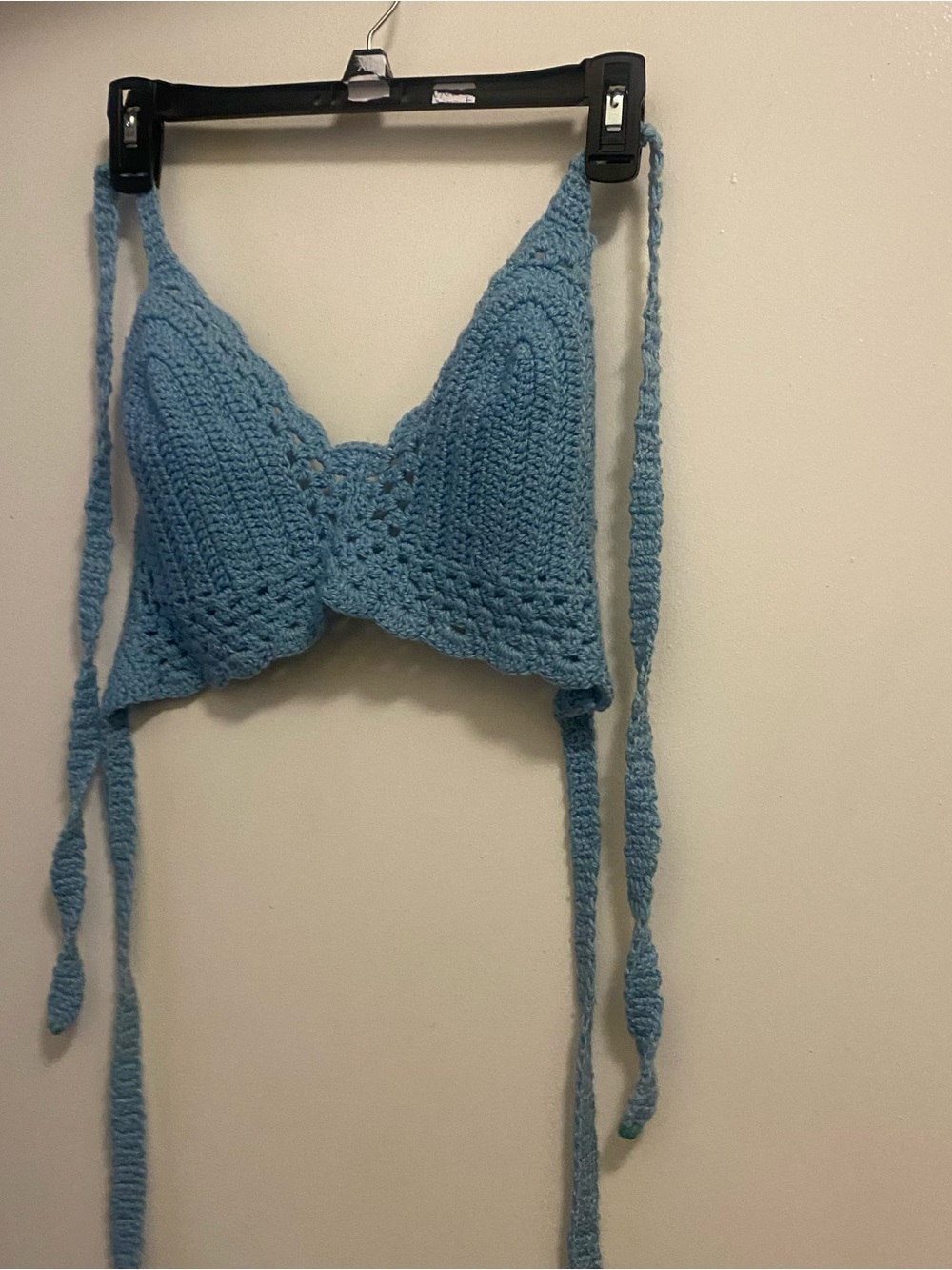Womens S M Crochet Bikini Triangle Top Medium Blue Handmade Beach Festival Boho